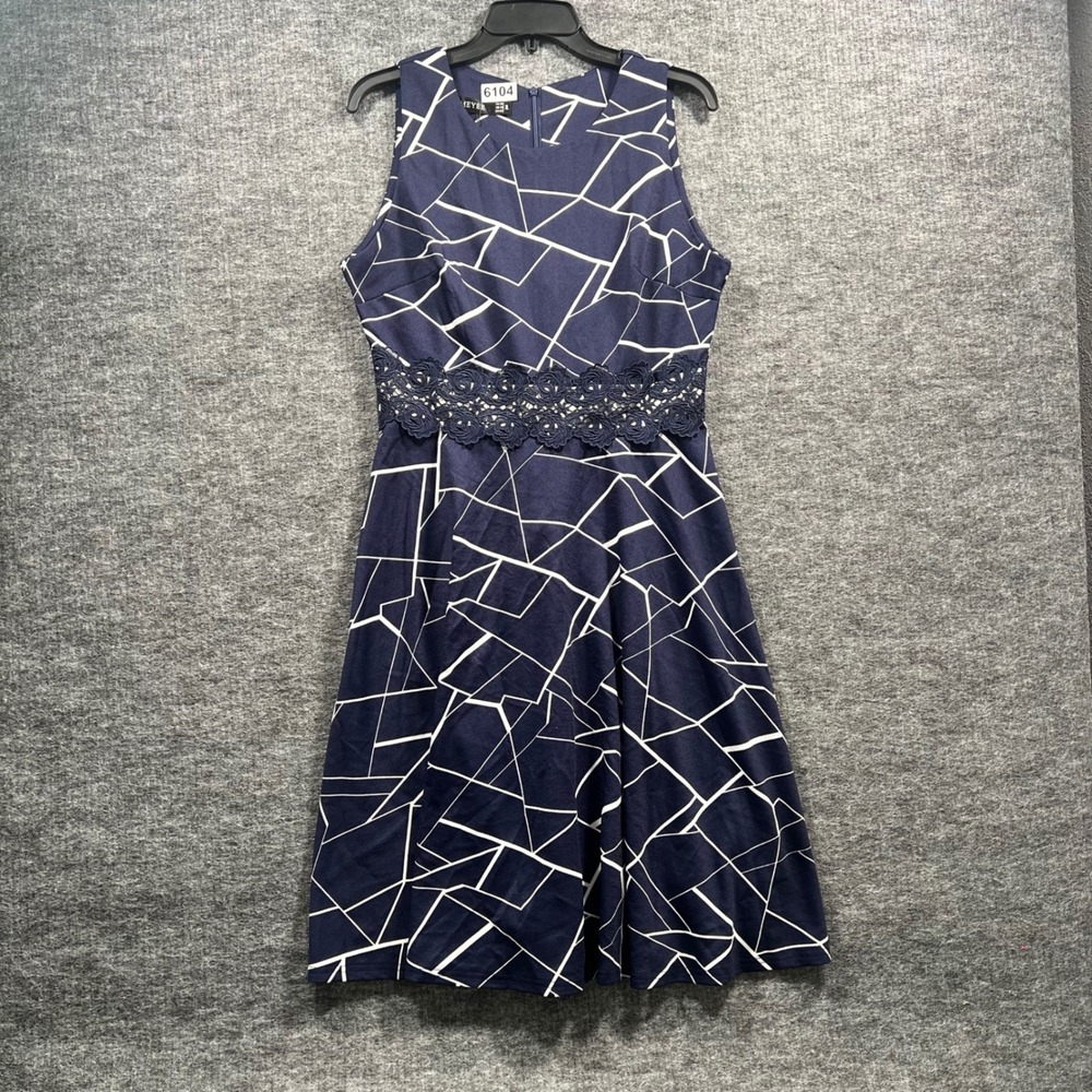 HOMEYEE Navy Blue Geometric Lace Waist Fit and Flare Dress XL A079BASXL